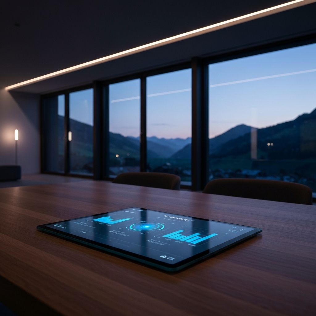 Cinematic high-end photography of a minimalist Swiss boardroom at dusk, a sleek glass tablet on a solid oak table displaying a clean AI strategy dashboard, soft ambient lighting